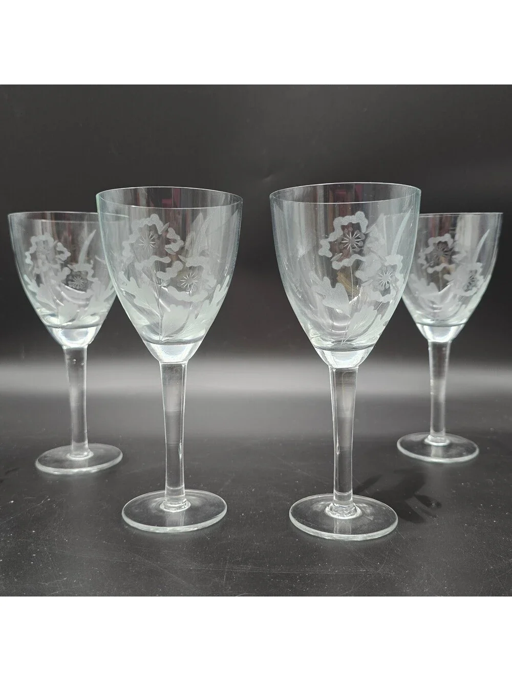 Vintage Toscany TOY32 Sand Etched Floral Wine Glasses Crystal Stemware Set of 4